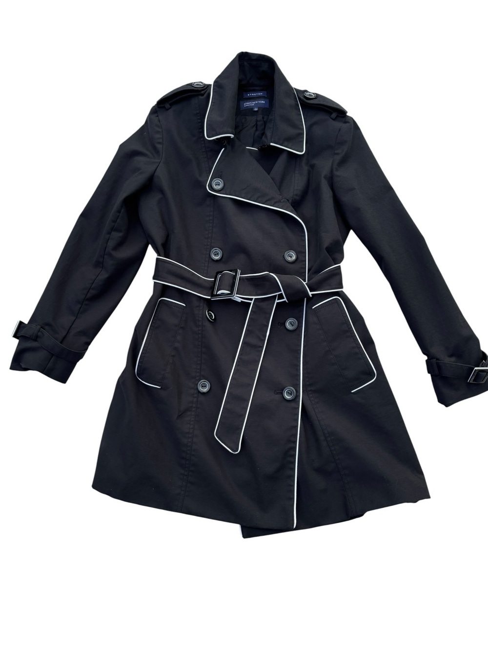 Jones New York Trench Coat, Black and White, Double-Breasted, Belted, Large - Picture 1 of 15